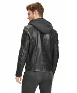 Alternative view of Cazadora de piel negra con capucha XXL
