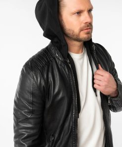 Alternative view of Cazadora de piel negra con capucha