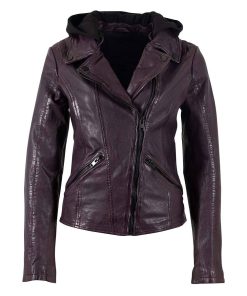 Cazadora de piel corta con cremallera cruzada y capucha S